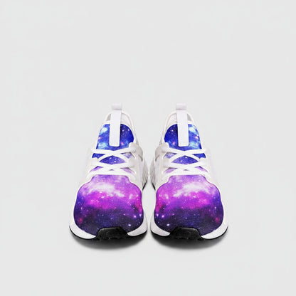 Freaky Shoes® high-top canvas sneakers featuring a vibrant purple and blue galaxy print with white laces.