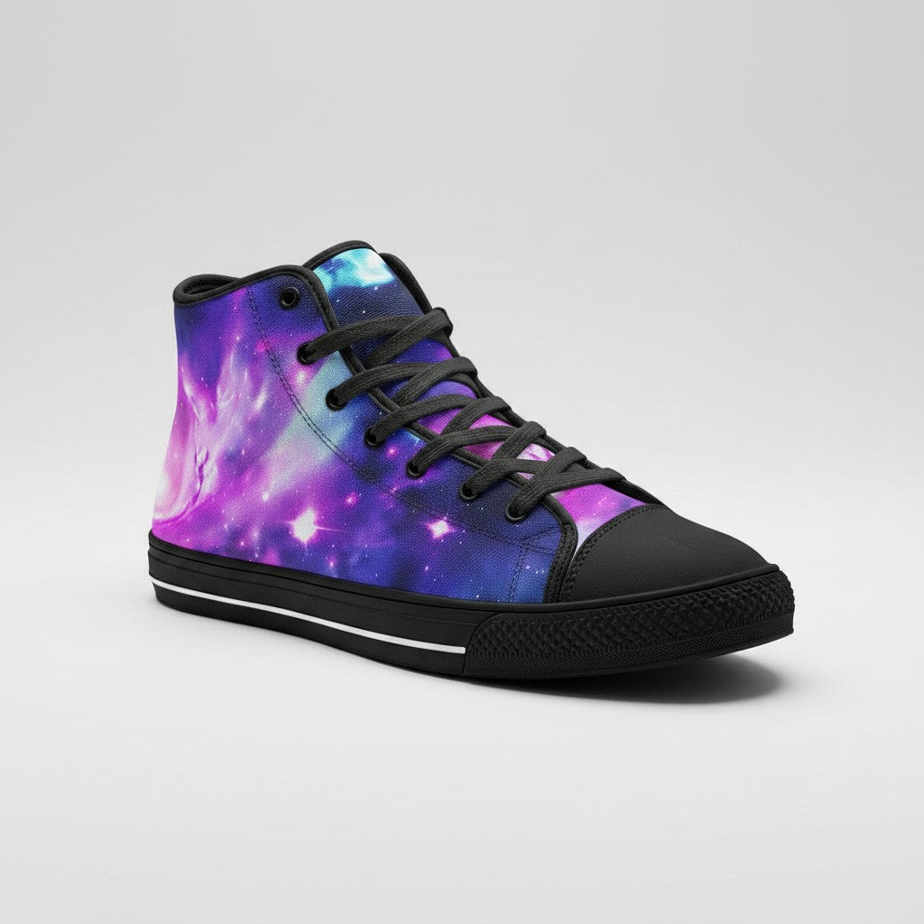 Freaky Shoes® Galaxy Fun high-top canvas sneakers featuring a vibrant purple and blue nebula print with black laces.