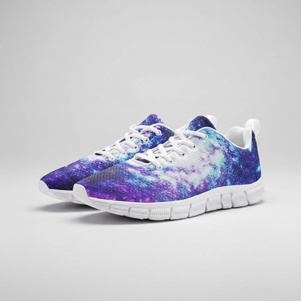 Freaky Shoes® galaxy print high-top canvas sneakers with white laces and durable EVA soles on a light grey background.