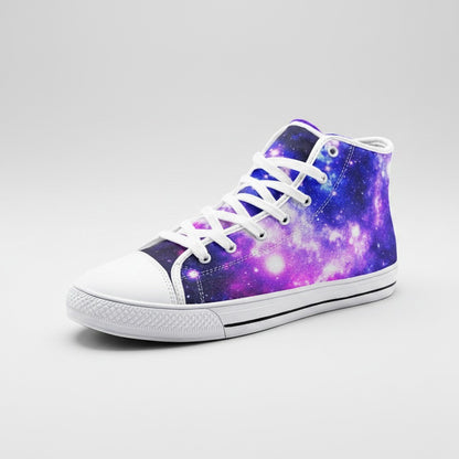 Freaky Shoes® high-top canvas sneakers featuring a vibrant purple and blue galaxy print with white laces and sole.