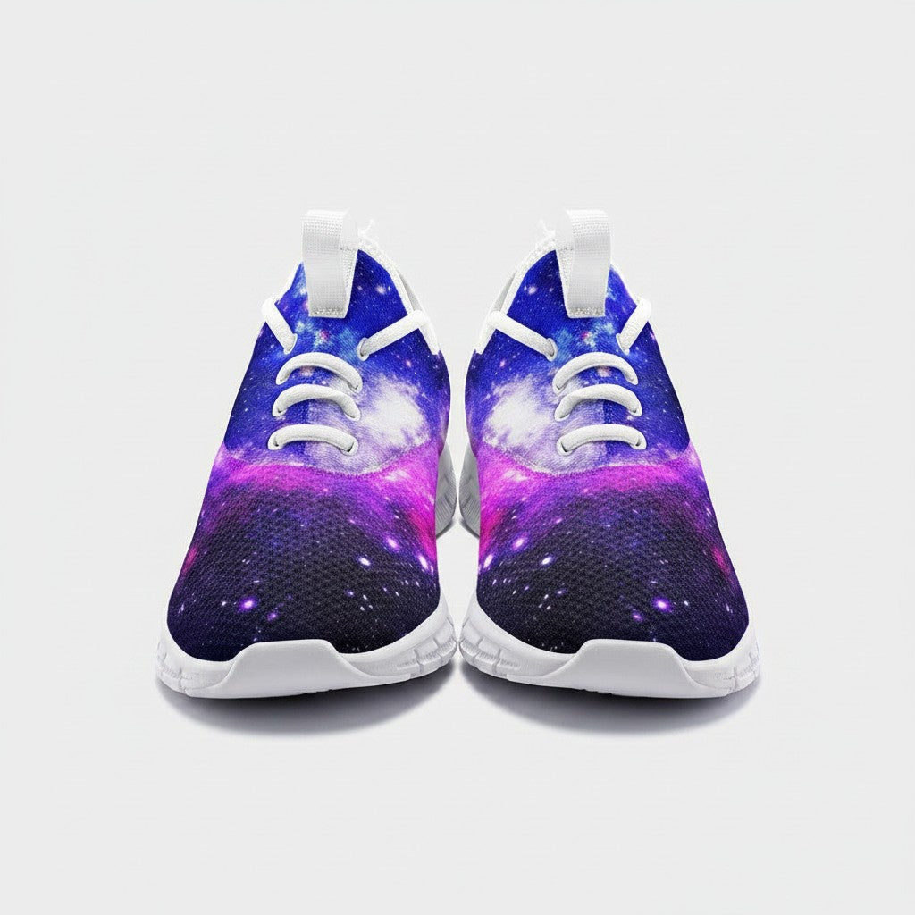 Freaky Shoes® high-top canvas sneakers featuring a vibrant purple and blue galaxy print with white laces and soles.