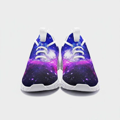 Freaky Shoes® high-top canvas sneakers featuring a vibrant purple and blue galaxy print with white laces and soles.