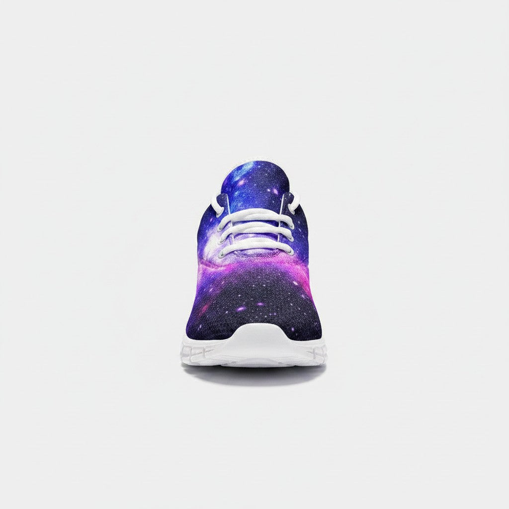 Freaky Shoes® galaxy print high-top canvas sneakers with vibrant purple and blue space design and white EVA sole
