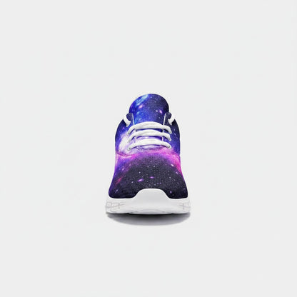 Freaky Shoes® galaxy print high-top canvas sneakers with vibrant purple and blue space design and white EVA sole