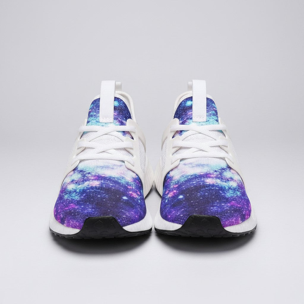 Freaky Shoes® high-top canvas sneakers featuring a vibrant purple and blue galaxy print with white laces and soles.