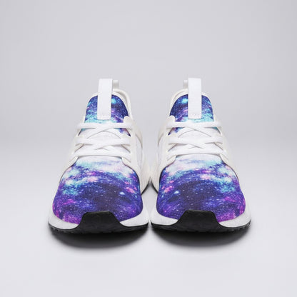 Freaky Shoes® high-top canvas sneakers featuring a vibrant purple and blue galaxy print with white laces and soles.