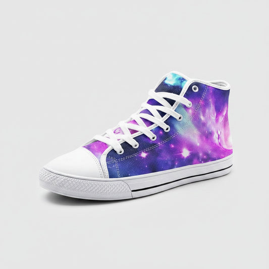 Freaky Shoes® Galaxy Fun high-top canvas sneakers featuring a vibrant purple and blue nebula space print.