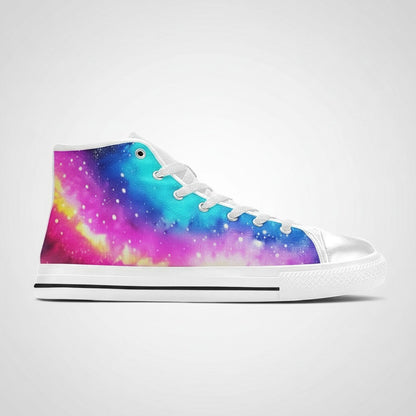 Freaky Shoes® women's high-top canvas sneakers featuring a vibrant galaxy tie-dye gradient and white laces.