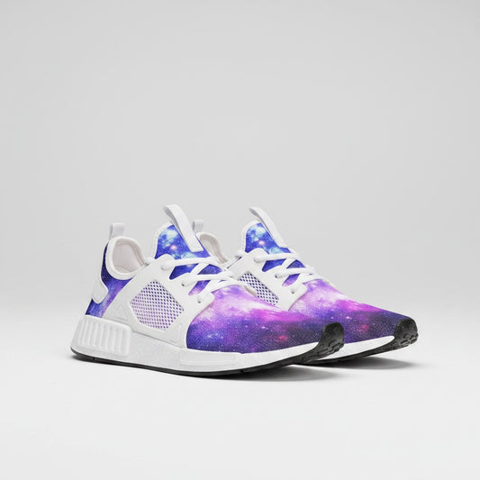 Freaky Shoes® high-top canvas sneakers featuring a vibrant purple and blue galaxy print with white mesh accents.