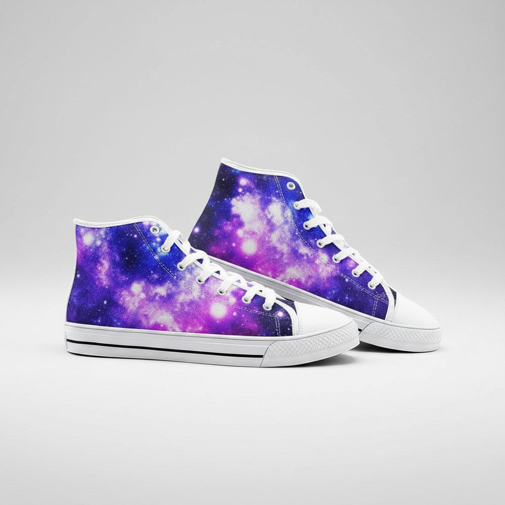 Freaky Shoes® high-top canvas sneakers featuring a vivid purple and blue galaxy print with white laces and soles.