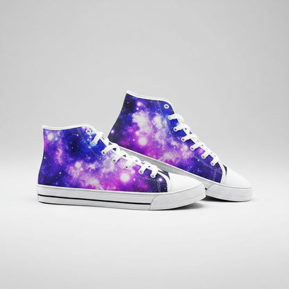 Freaky Shoes® high-top canvas sneakers featuring a vivid purple and blue galaxy print with white laces and soles.