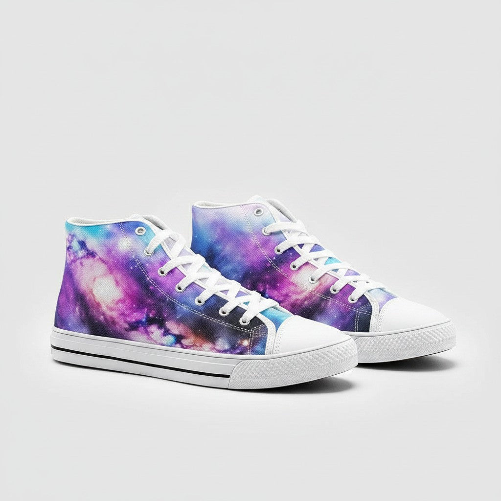 Freaky Shoes® high-top canvas sneakers featuring a vibrant purple and blue galaxy print with white laces and soles.