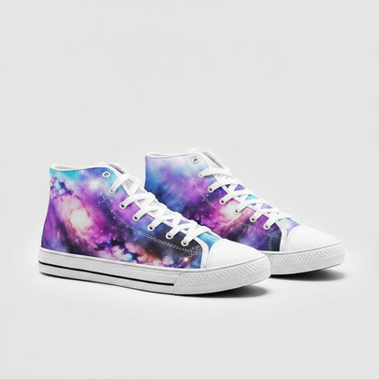 Freaky Shoes® high-top canvas sneakers featuring a vibrant purple and blue galaxy print with white laces and soles.