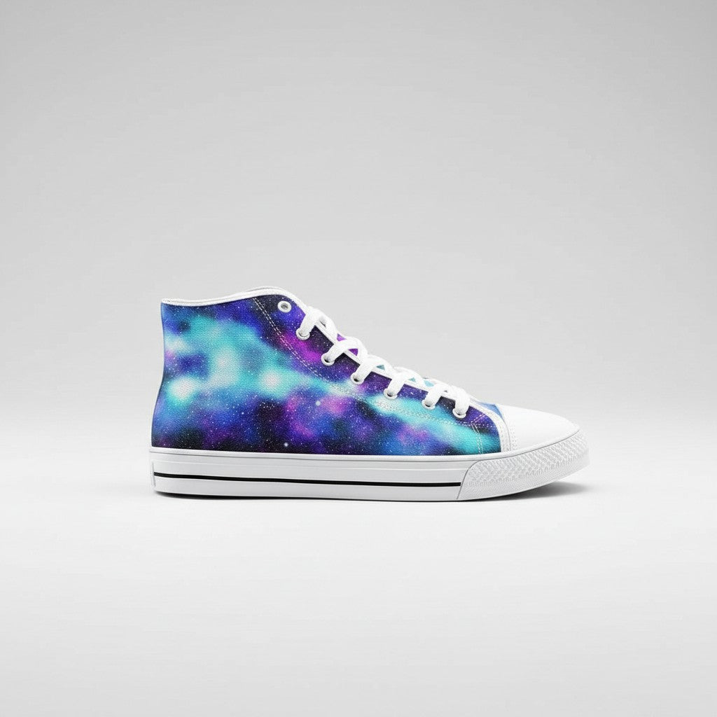 Freaky Shoes® Galaxy Love high-top canvas sneakers featuring a vibrant purple and blue nebula space print.