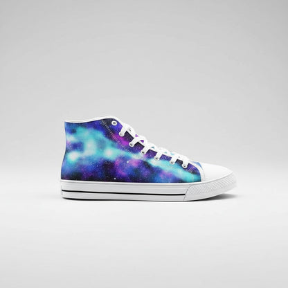 Freaky Shoes® Galaxy Love high-top canvas sneakers featuring a vibrant purple and blue nebula space print.