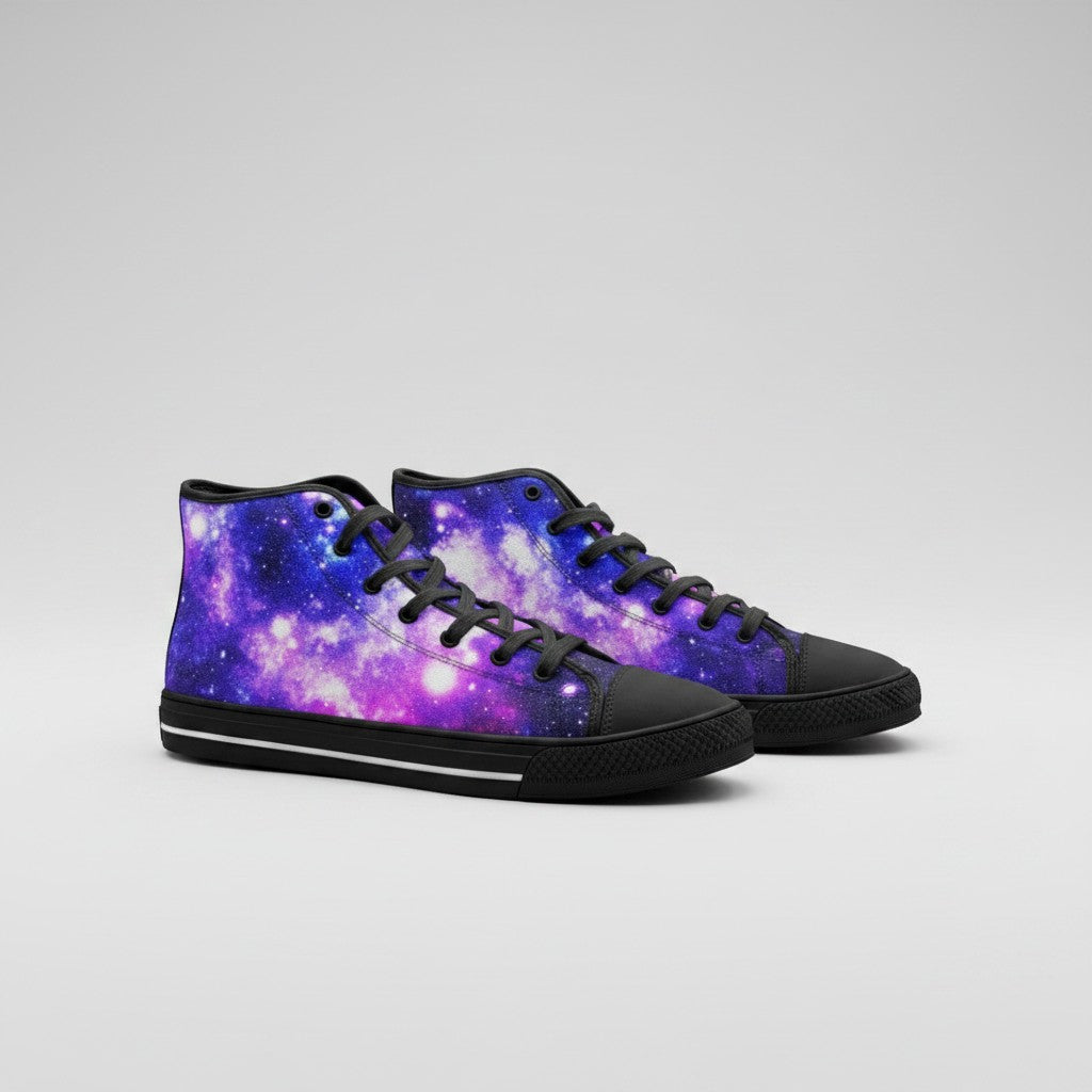 Freaky Shoes® galaxy print high-top canvas sneakers with black laces and rubber toe caps on a light grey background.