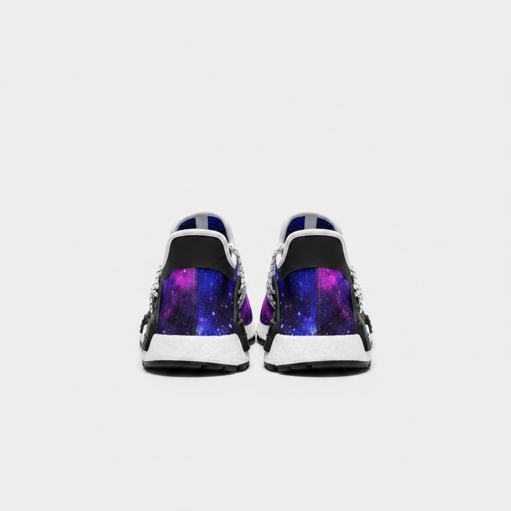 Rear view of Freaky Shoes® galaxy art high-top canvas sneakers featuring a vibrant purple and blue space print