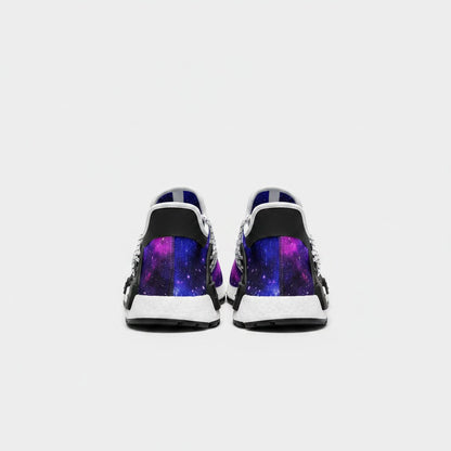 Rear view of Freaky Shoes® galaxy art high-top canvas sneakers featuring a vibrant purple and blue space print