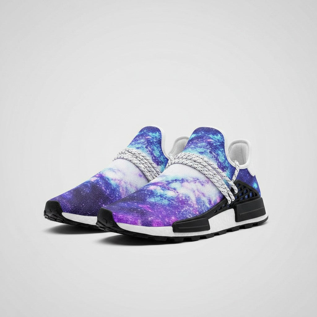 Freaky Shoes® galaxy print high-top canvas sneakers with blue and purple nebula design and white rope laces.