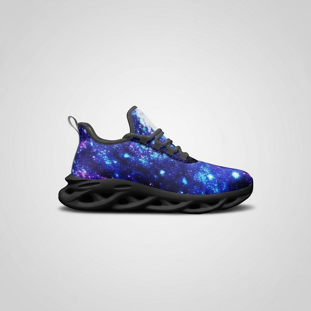 Freaky Shoes® high-top canvas sneakers featuring a vibrant blue galaxy print, black laces, and a chunky black EVA sole.