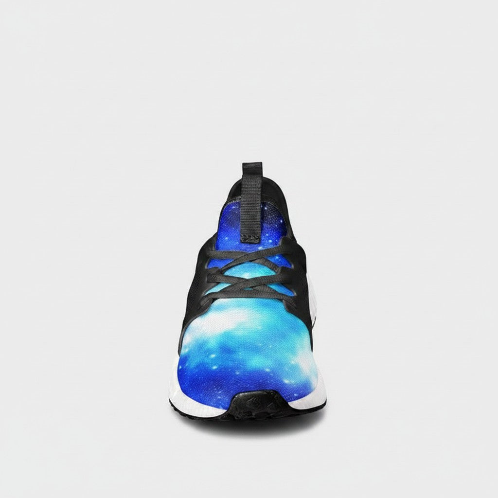 Freaky Shoes® galaxy print high-top canvas sneakers with blue nebula pattern and black lace-up front view