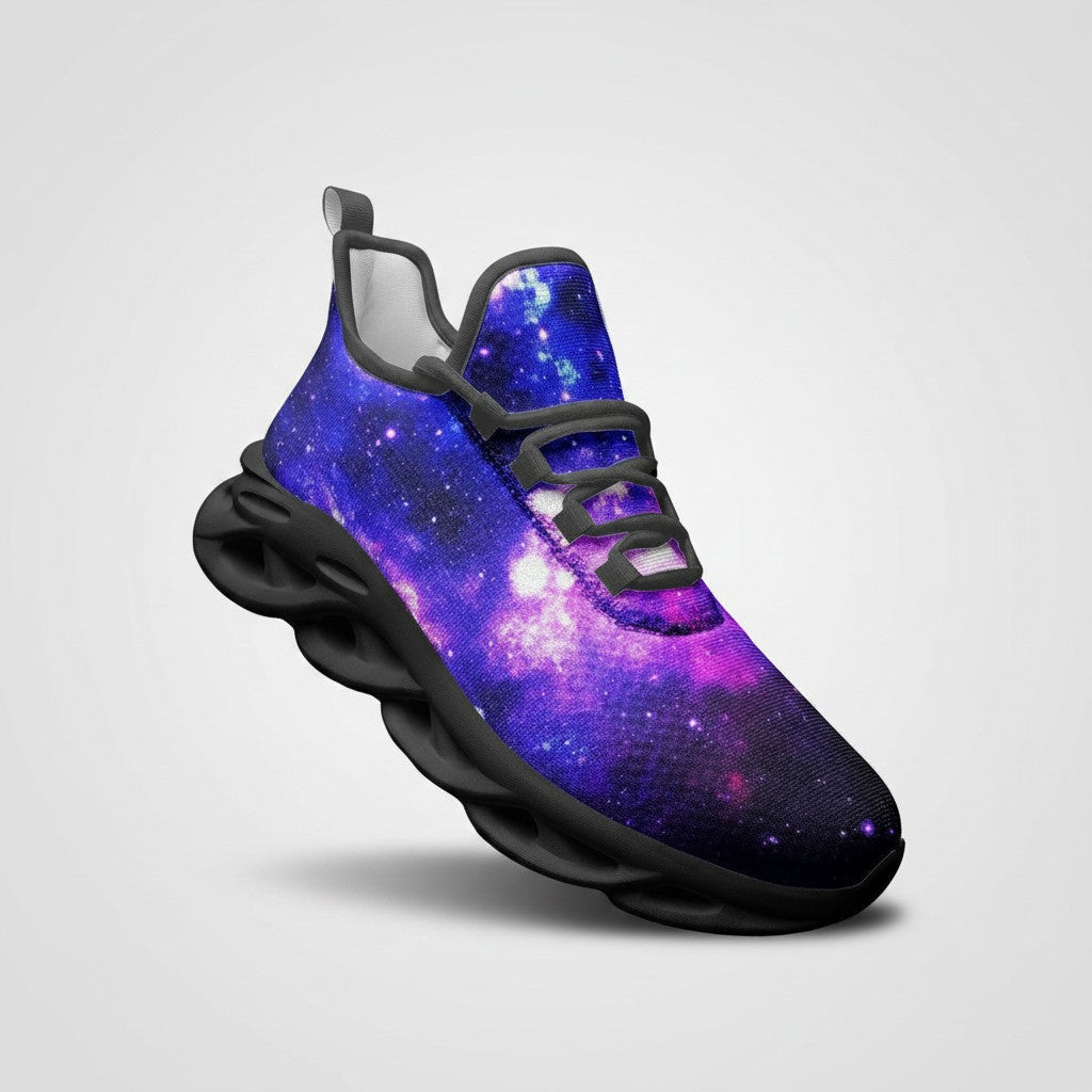 Freaky Shoes® galaxy print high-top canvas sneakers with a vibrant purple and blue nebula design and black EVA sole.