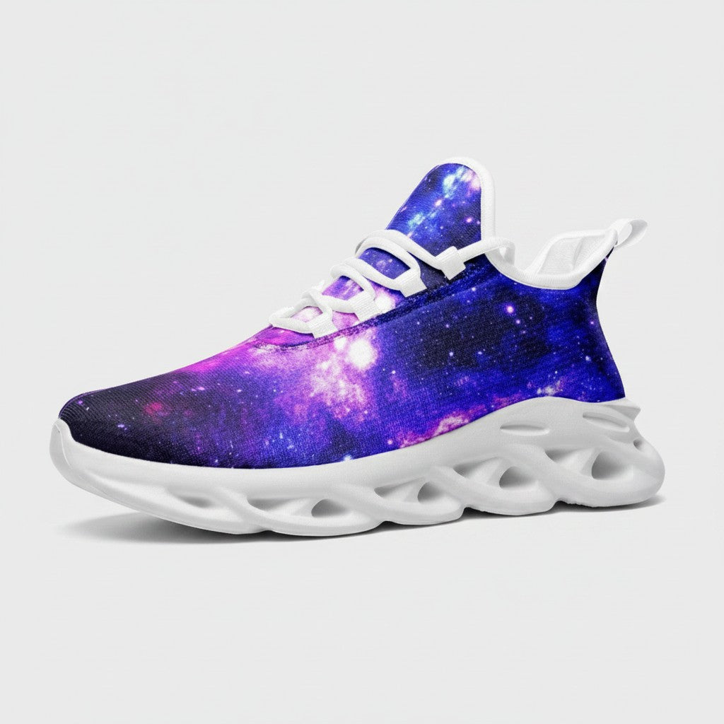 Freaky Shoes® galaxy print high-top canvas sneakers with purple and blue nebula design and white EVA sole.