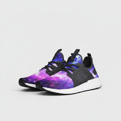 Freaky Shoes® galaxy print high-top sneakers with purple and blue nebula pattern, black accents, and white EVA sole.
