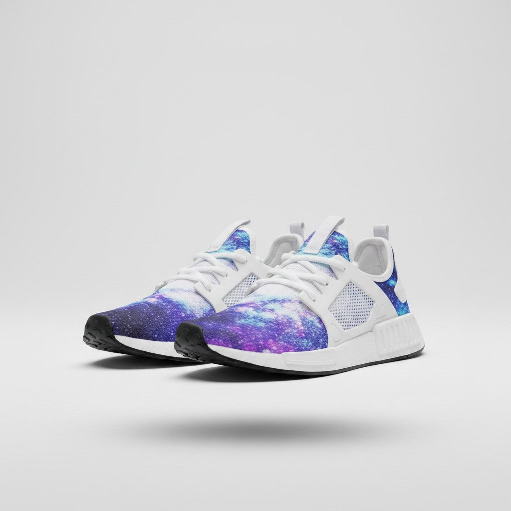 Freaky Shoes® high-top canvas sneakers featuring a vibrant purple and blue galaxy space print with white mesh details.