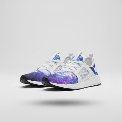 Freaky Shoes® high-top canvas sneakers featuring a vibrant purple and blue galaxy space print with white mesh details.