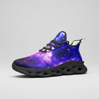 Freaky Shoes® high-top canvas sneakers featuring a vibrant purple and blue galaxy print with a black EVA sole.