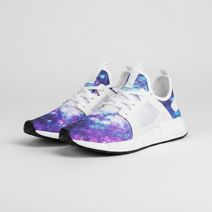 Freaky Shoes® galaxy print high-top canvas sneakers with white mesh details and lace-up closure.