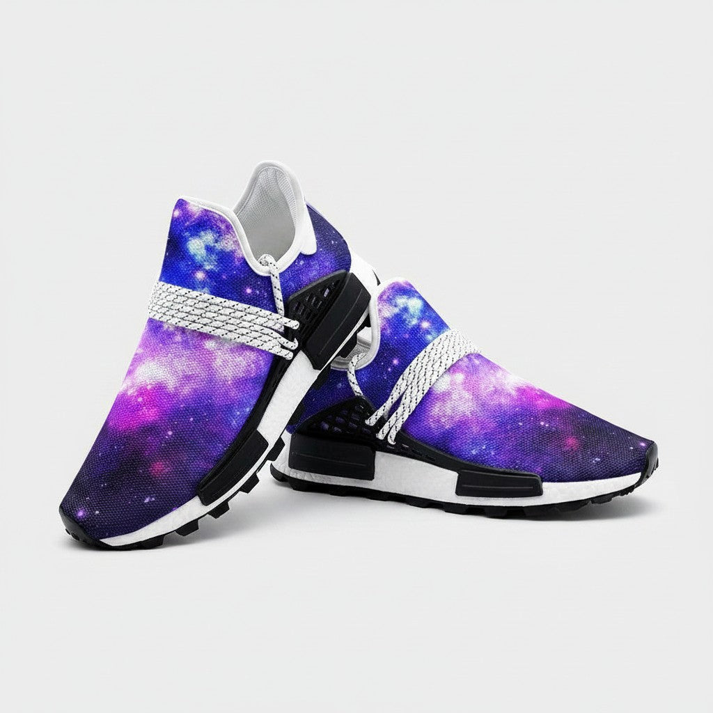 Freaky Shoes® galaxy print high-top sneakers with vibrant purple and blue nebula patterns and white lace-up details.