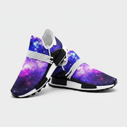 Freaky Shoes® galaxy print high-top sneakers with vibrant purple and blue nebula patterns and white lace-up details.