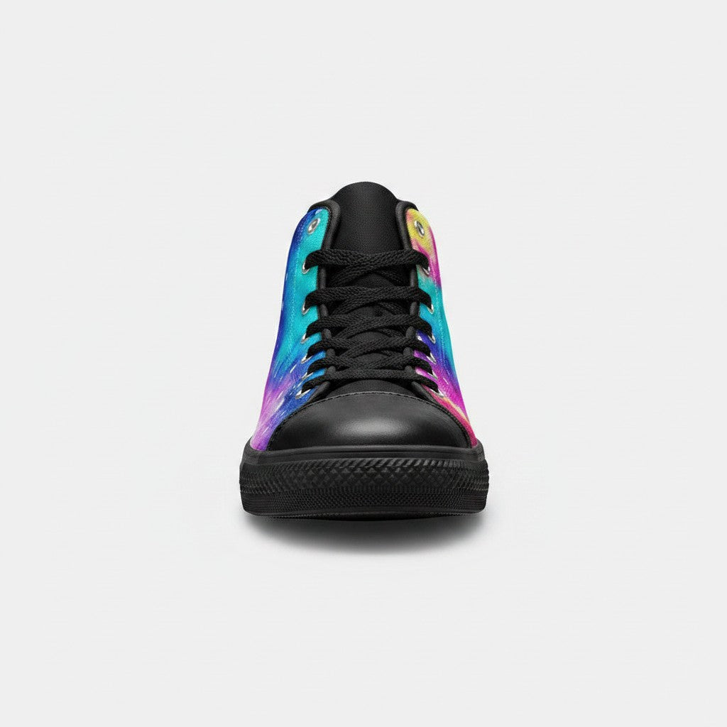 Freaky Shoes® women's high-top canvas sneakers featuring a vibrant galaxy tie-dye gradient print and black toe cap.
