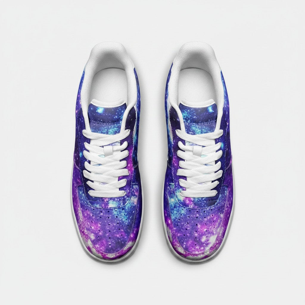 Freaky Shoes® low-top leather sneakers featuring a vibrant purple and blue galaxy print with white laces and soles.