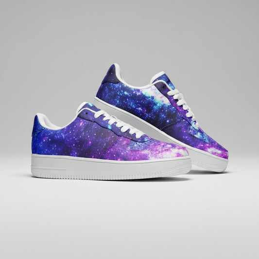 Freaky Shoes® low-top leather sneakers featuring a vibrant purple and blue galaxy print with white laces and soles.