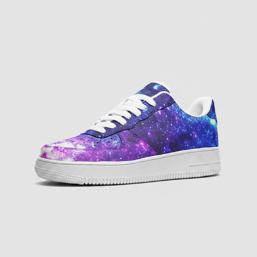 Freaky Shoes® low-top leather sneakers featuring a vibrant purple and blue galaxy print with white laces and sole.