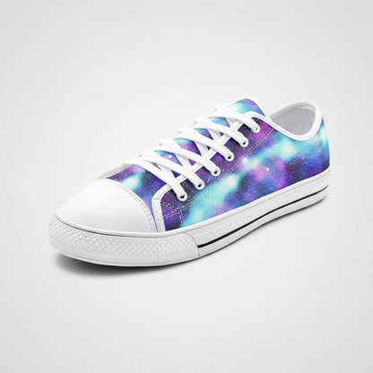 Freaky Shoes® Galaxy Love low-top canvas sneakers featuring a vibrant purple and blue nebula space print.