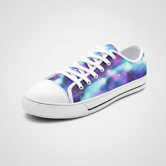 Freaky Shoes® Galaxy Love low-top canvas sneakers featuring a vibrant purple and blue nebula space print.