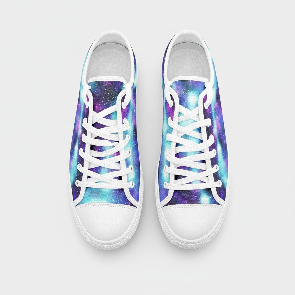 Freaky Shoes® Galaxy Love low-top canvas sneakers with a vibrant purple and blue space nebula print and white laces.