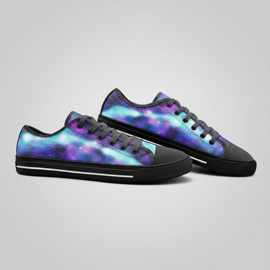Freaky Shoes® Galaxy Love low-top canvas sneakers featuring a vibrant purple and blue nebula space print.