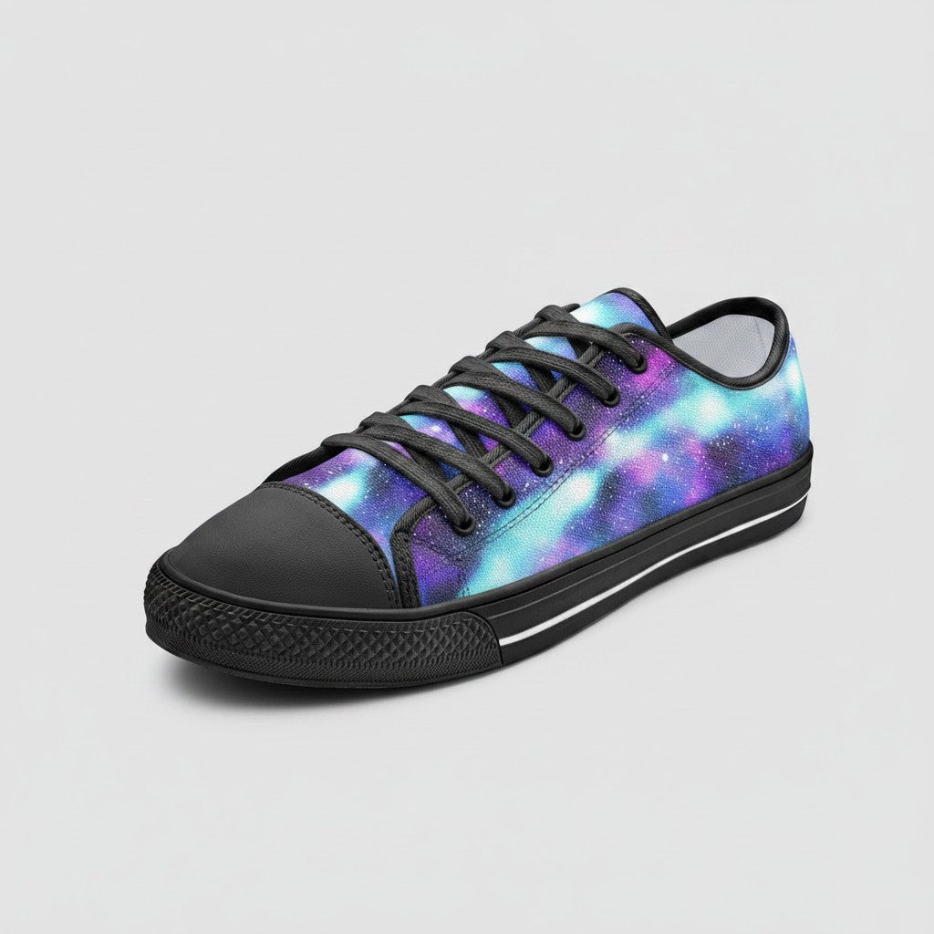 Freaky Shoes® Galaxy Love low-top canvas sneakers featuring a vibrant purple and blue nebula space print with black laces.