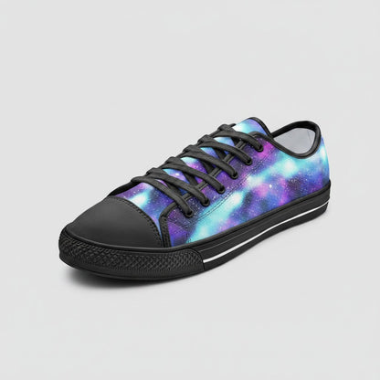 Freaky Shoes® Galaxy Love low-top canvas sneakers featuring a vibrant purple and blue nebula space print with black laces.
