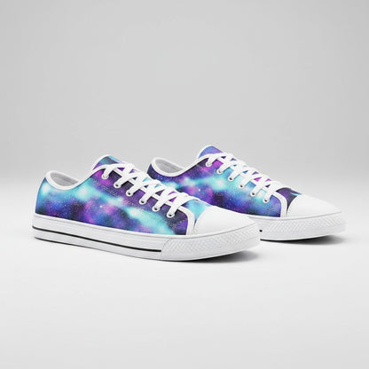 Freaky Shoes® Galaxy Love low-top canvas sneakers featuring a vibrant purple and blue nebula print with white laces.