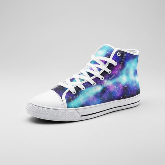 Freaky Shoes® Galaxy Love high-top canvas sneakers featuring a vibrant blue and purple nebula space print