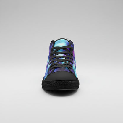 Freaky Shoes® Galaxy Love high-top canvas sneakers featuring a vibrant blue and purple cosmic space print.