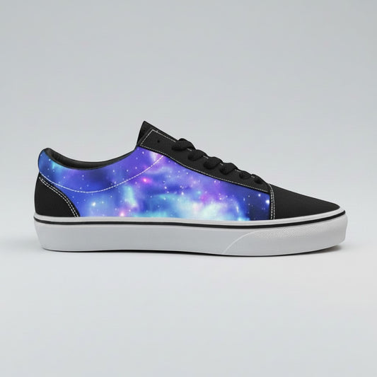 Freaky Shoes® men's low-top canvas skateboarding sneakers featuring a vibrant purple and blue galaxy nebula print
