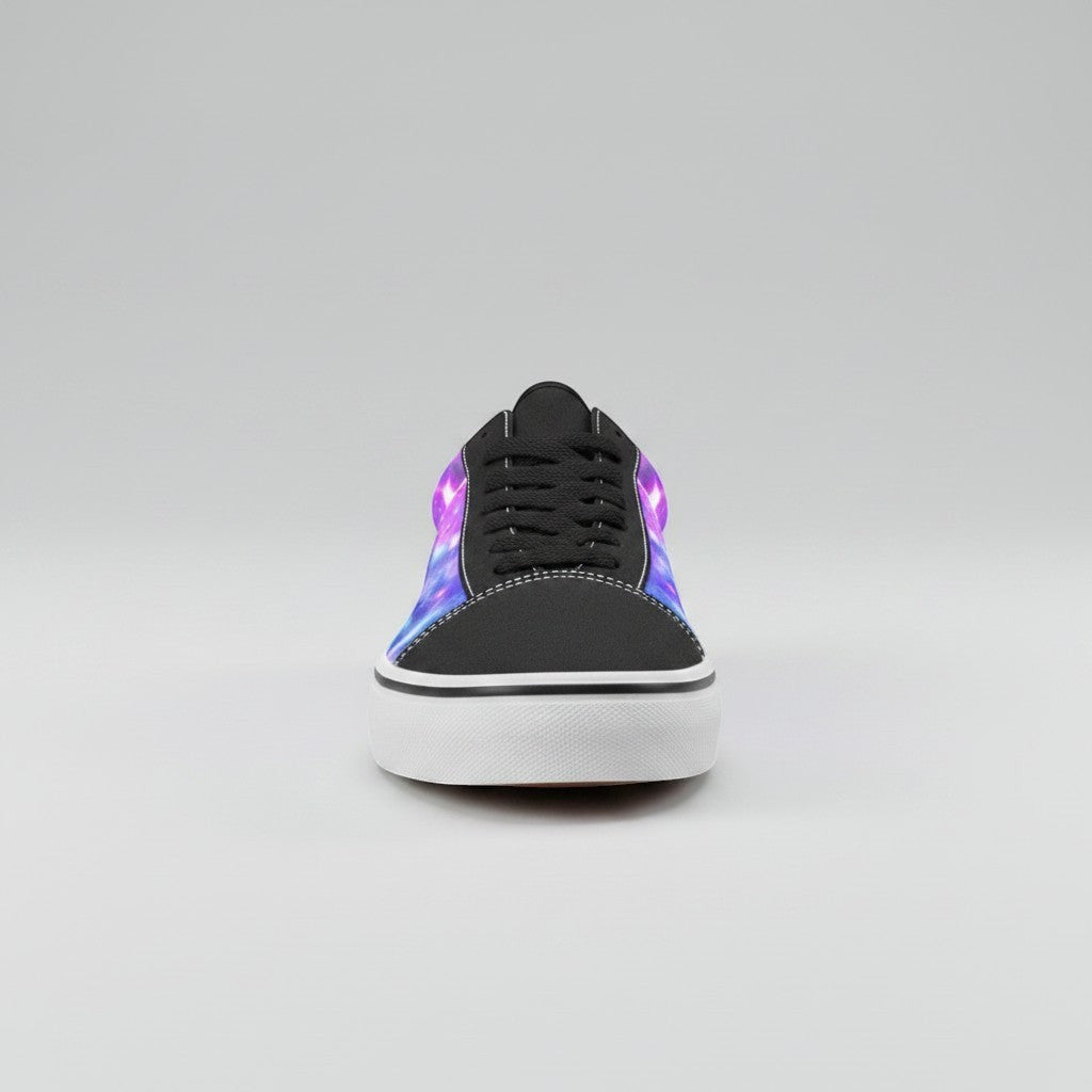 Freaky Shoes® men's low-top canvas skate shoes featuring a vibrant purple and blue galaxy nebula space print.