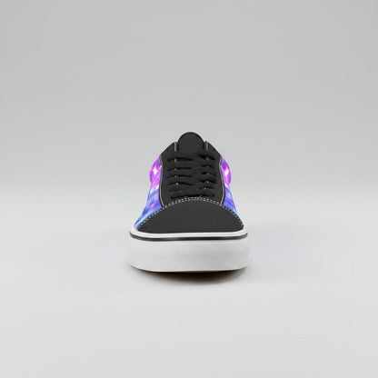 Freaky Shoes® men's low-top canvas skate shoes featuring a vibrant purple and blue galaxy nebula space print.